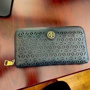 Tory Burch Black Floral Perforated Wallet